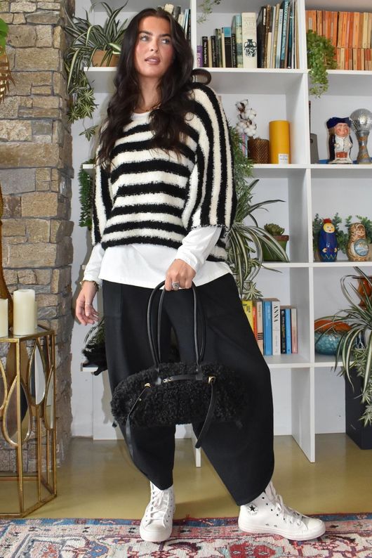 Lola Stripe Boucle Slouch Knit Black & Ecru